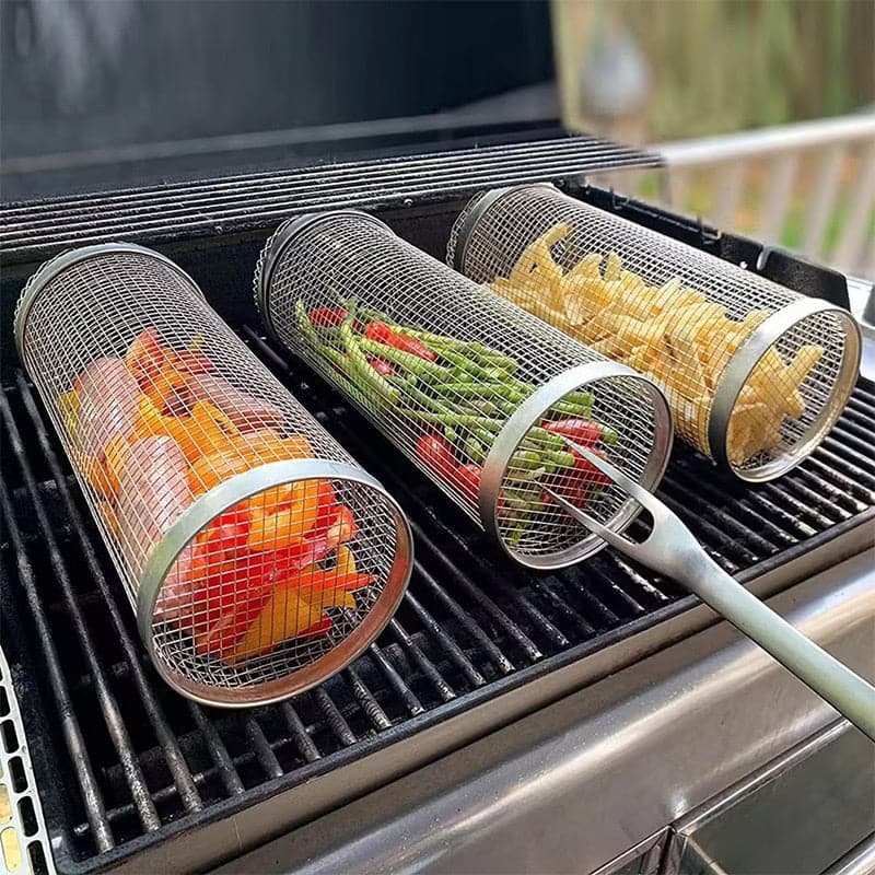 20cm/30cm Barbecue Rack Cooking Grill Outdoor Rolling Grilling Stainless BBQ Basket Family Camping Picnic Cylindrical BBQ Grill